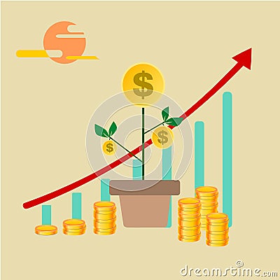 Business grow up a gold coin tree with chart. Stock Photo
