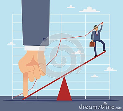 Business Growth Assistance. Businessman support. Scales and helping hand. Financial increase. Office worker achievements Vector Illustration