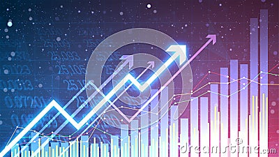 Business growth background with the bar chart static and up arrow. Graphic of successful financial development on blue gradient Vector Illustration