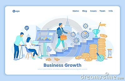 Business growth, Financial success, Planning, Investment, Teamwork, Work progress. Man walks the stairs to victory, people work Vector Illustration