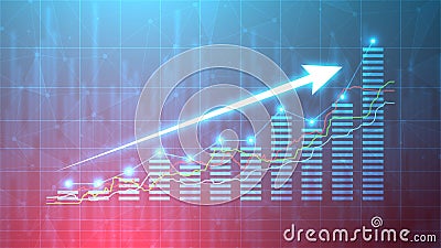 Business growth illustration with the bar chart static and up arrow. Successful financial graphic on blue background. Stock market Vector Illustration