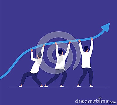 Business growth. People pointing up trend line. Team challenge and corporate achievement. Winning strategy vector Vector Illustration