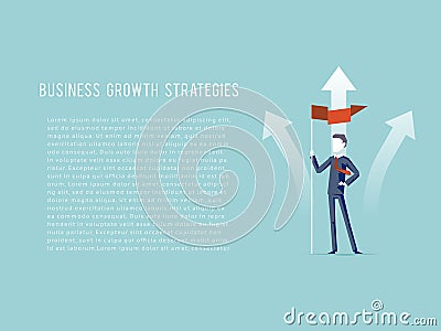 Business Growth Strategies oncept Businessman Hold Flag Character Achievement Top Point Goal Symbol Mountain clouds Vector Illustration