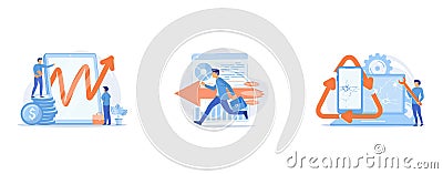 Business growth strategy, Purposeful businessman with briefcase, Broken electronics reusing, Vector Illustration