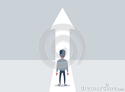 Business growth vector concept with man walking towards upwards arrow. Symbol of success, promotion, career development. Vector Illustration