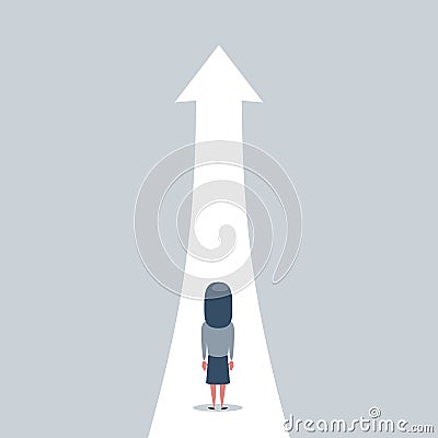 Business growth vector concept with woman walking towards upwards arrow. Symbol of success, promotion, career Vector Illustration