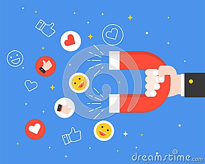 Business hand carrying magnet and smiley faces, like symbol and Vector Illustration