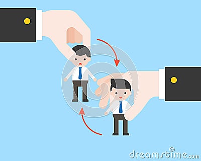 Business hand changing tiny businessman puppet, substituted position concept Vector Illustration