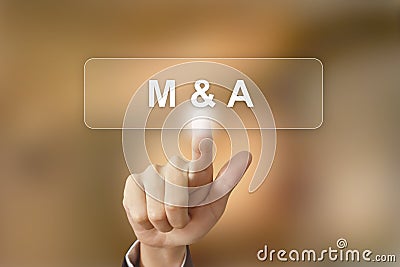 Business hand clicking merger and acquisition button on blurred Stock Photo