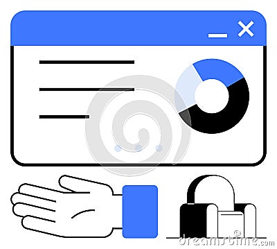 Business Hand Gesture with Web Interface and Pie Chart for Data Analysis and Presentation Vector Illustration