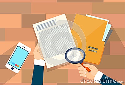 Business Hand Hold Magnifying Glass Offshore Panama Papers Vector Illustration