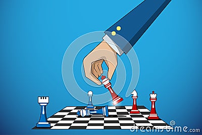 Business hand holding king chess piece to defeat rival, business concept Vector Illustration