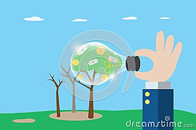 Business hand holding lightbulb to see coins and banknotes from dry tree, idea and business concept Vector Illustration