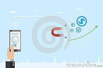 Business hand holding mobile phone with light bulb symbol and horseshoe magnet to attracting currency icon and stock, idea and bus Vector Illustration