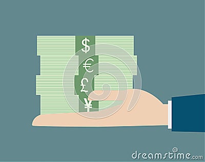 Business hand holding stack money currency concept Vector Illustration