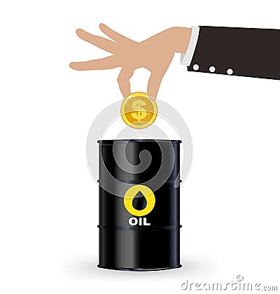 Business Hand Picking Up Gold Coin Into Oil Barrel, Investment Concept Vector Illustration