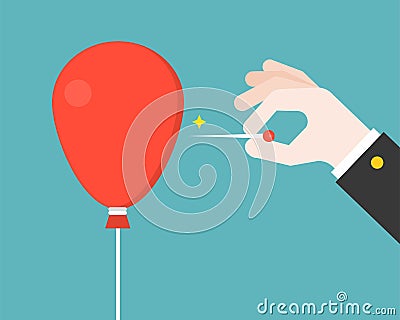 Business Hand with pin try to burst or popping red balloon, flat Vector Illustration