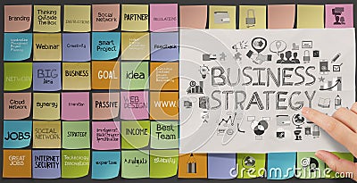 Business hand push icons of business strategy Stock Photo