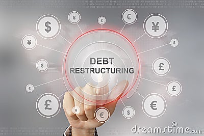 Business hand pushing debt restructuring button Stock Photo