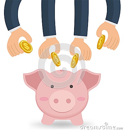 Business Hands Together Putting Money With Cute Piggy Bank Vector Illustration