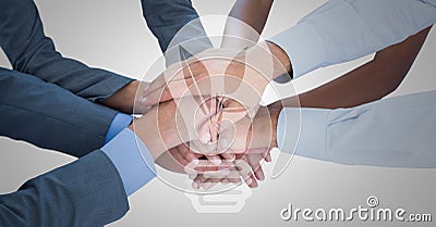 Business hands together with white lightbulb graphic Stock Photo