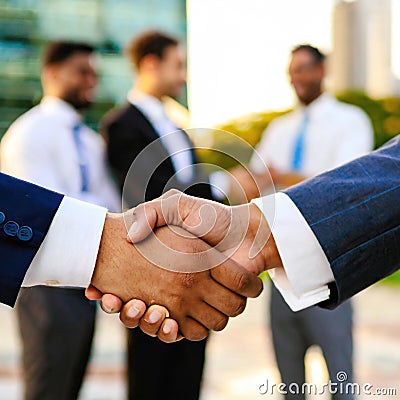 Business handshake of a businessman in front to the partners Stock Photo