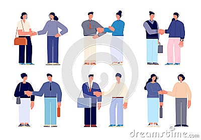 Business handshake characters. Professional office people, businessman and businesswoman. Flat women work partner Vector Illustration