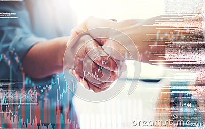 Business, handshake and collaboration on statistics double exposure. Shaking hands, deal and people with agreement on Stock Photo