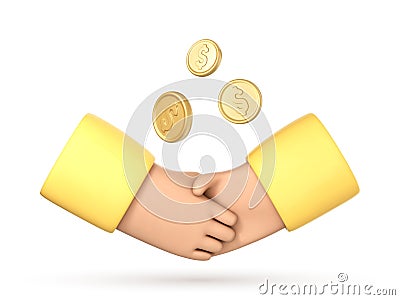 Business handshake and gold coins. Business partnership, effective and beneficial cooperation, deal making, agreement concept. Vector Illustration