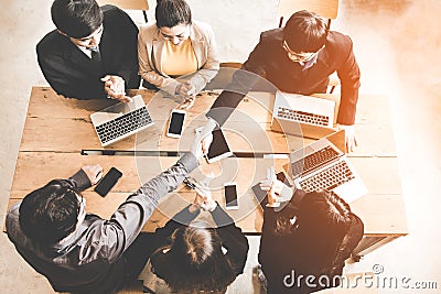 Business handshake at meeting or negotiation in the office. Partners are satisfied because meeting technology connection and sign Stock Photo