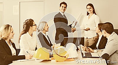 Business handshake at negotiations in office Stock Photo