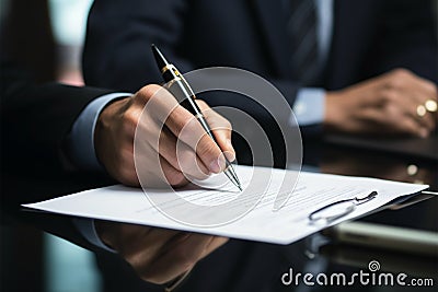 Business handshake on paper a hand signs a contract, sealing strategic agreements Stock Photo