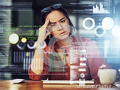 Business headache, stress and Asian woman gets a cyber security attack, virus or glitch. Anxiety, depressed portrait and Stock Photo