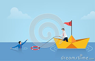 Business help other with lifebuoys vector illustration. Bankruptcy and government bailout symbol with businessman on paper boat Vector Illustration