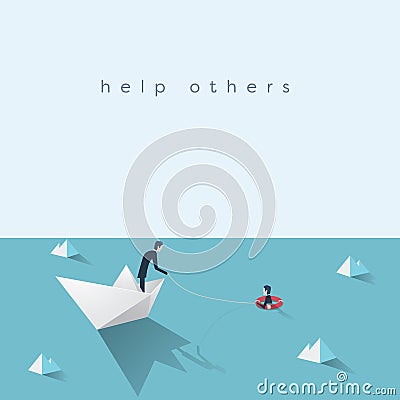 Business help vector concept. Bankruptcy, government bailout symbol with businessman on paper boat and drowning man in Vector Illustration