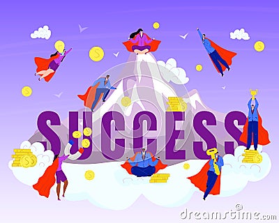 Business hero, superheros on success mountain vector illustration. Businessman in red cloacks. Challenge, success team Vector Illustration