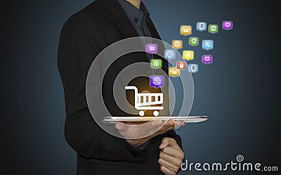 Business hold tablet show shopping online. Stock Photo