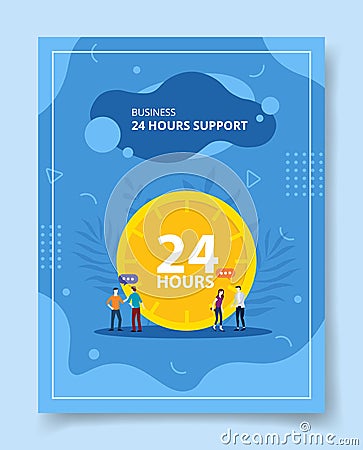 Business 24 hour support people talking chat front big clock for template of banners, flyer, books cover, magazines Vector Illustration