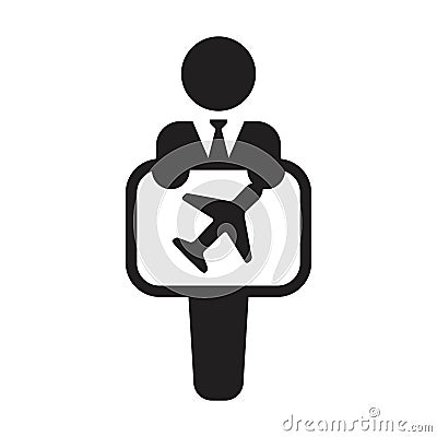 Business icon vector, male person with airplan symbol on board for travel in a glyph pictogram Vector Illustration