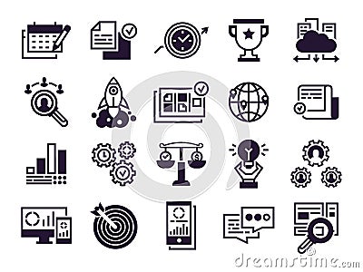 Business icons. Corporate businesses teamwork, global partnership and office management vector silhouette symbols set Vector Illustration