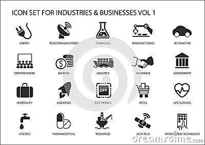 Business icons and symbols of various industries / business sectors like financial services industry, automotive, life sciences Vector Illustration