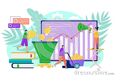 Business idea, cartoon funnel for finance coin heap, vector illustration. Man woman people character find inspiration Vector Illustration