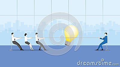 Boss vs employee. Businessmen pull a rope for a big light bulb in a meeting Vector Illustration