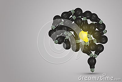 One yellow light bulb locate in middle of the brain surrounded with many black light bulb. Stock Photo