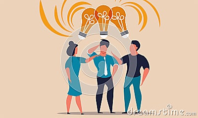 Business idea share and people team knowledge innovation. Collaboration and lightbulb solution vector illustration concept. Vector Illustration