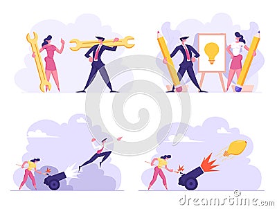 Business Idea, Technical Support, Start Up Concept Set. Woman Set on Fire Cannon with Businessman Flying Up. Career Vector Illustration