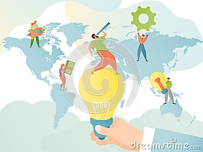 Business idea vector illustration. Businessman with telescope on bright light bulb. Businesswoman with money and rocket. Vector Illustration