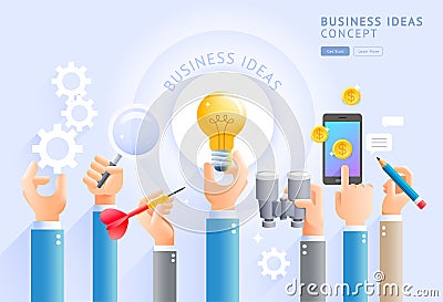Business ideas conceptual. Group of Business hands holding light bulb , mobile phone, Magnifier, gear, darts and pencils. Vector Vector Illustration