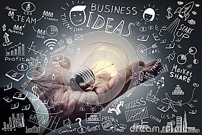 Business ideas.Light bulb on hand with freehand drawing business Stock Photo