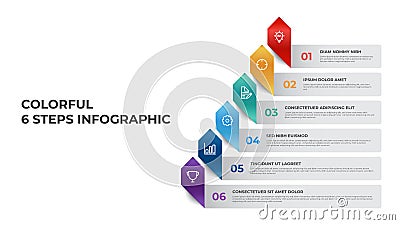 Business infographic element template vector with 6 points of steps, row list diagram layout with arrows Stock Photo